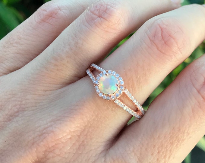 Round Genuine Rainbow Opal Split Shank Engagement Ring- Natural Welo Opal Halo Solitaire Promise Ring- October Birthstone Ring-Gift for Wife