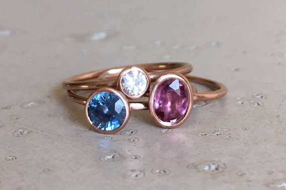 9k Rose Gold Sapphire Ring- Stackable Gemstone Gold Ring- White Blue Purple Pink Sapphire Ring- September Birthstone Ring- Three Ring Set