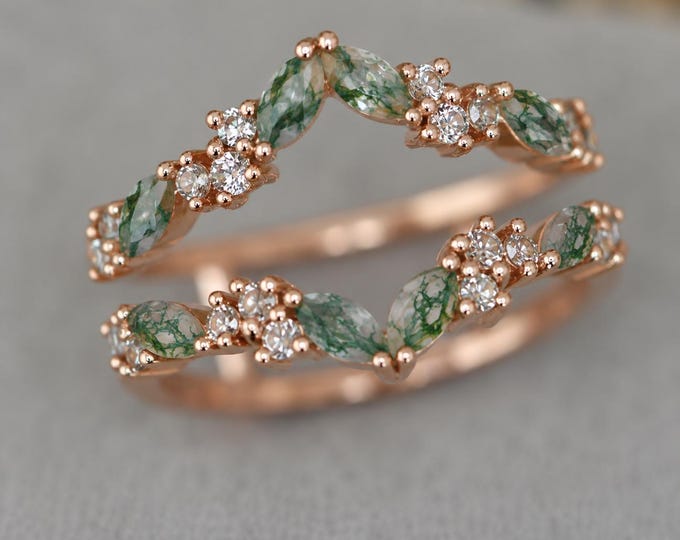 Genuine Moss Agate Marquise Enhancer Guard Wedding Band