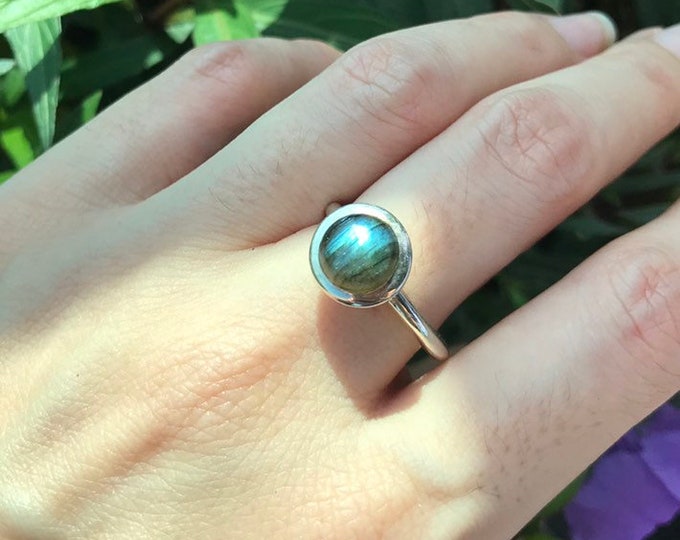 Blue Labradorite Cabochon Stackable Boho Ring- Blue Iridescent Gemstone Sterling Silver Ring- Bohemian Ring For Teen