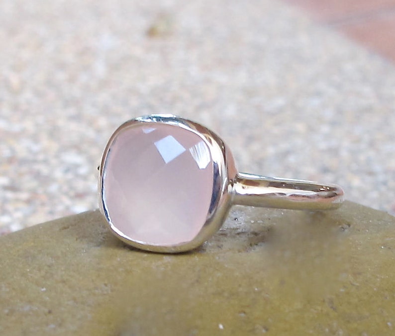 Pink Chalcedony Simple Ring Rose Quartz Stack Square Silver Ring October Birthstone Ring- Pink Onyx Gemstone Ring Milky Pastel Pink Ring