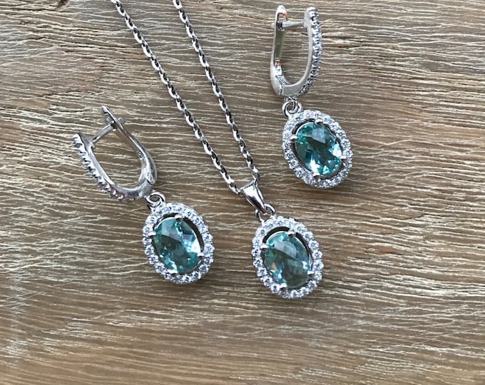 Aqua Halo Bridal Jewelry Sets- Blue Quartz Matching Earring Necklace Wedding Jewelry- Oval Dangle Blue Green Engagement Jewelry Bride To Be