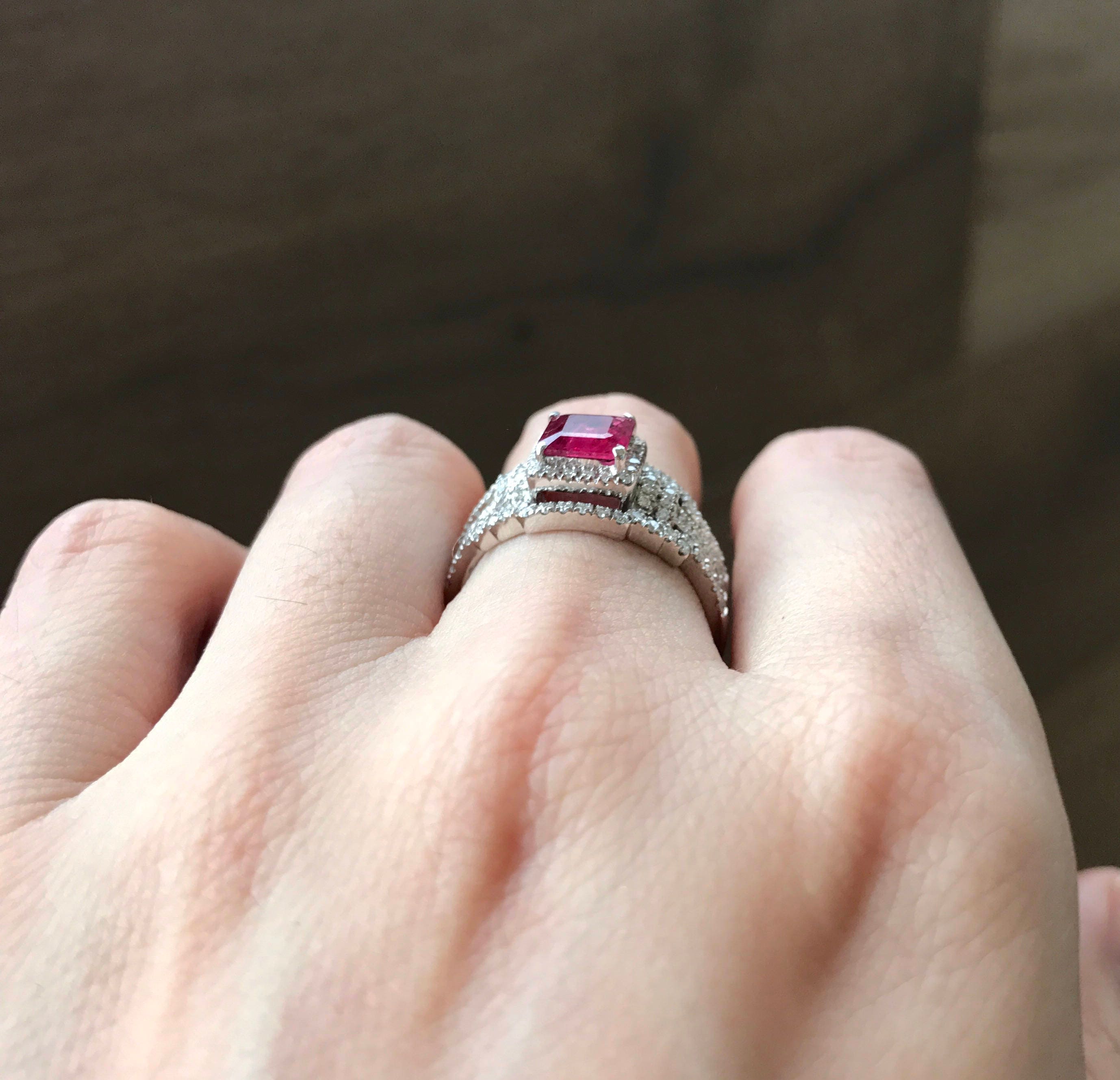 Deco Ruby Engagement Ring Set- Genuine Ruby Engagement Ring Set- Unique