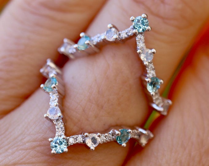 Moonstone Blue Topaz Curve Enhancer Vintage Wedding Sterling Silver Band- Round Light Blue Rose Gold Deco Band- Soldered Dual Shank Band
