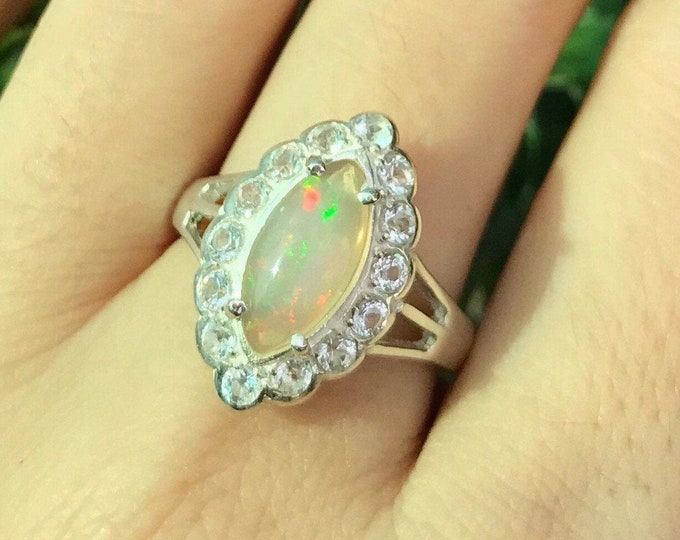 Genuine Natural Opal Vintage Engagement Twist Split Ring- Opal Marquise Promise Ring- Opal Anniversary Ring- Scallop Halo Opal Ring