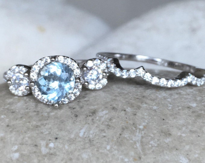 Aquamarine Bridal Set Ring- Aquamarine Engagement Ring- March Birthstone Ring- Three Stone Anniversary Ring- Aquamarine Promise Ring