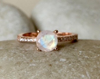 Rose Gold Moonstone Engagement Ring- 4 Prong Promise Ring for her- Rainbow Moonstone Solitaire Ring- June Birthstone Rose Gold Ring
