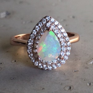 0.50ct Teardrop Opal Halo Engagement Ring- Genuine Fire Opal Pear Solitaire Ring- Natural Welo Opal Promise Ring - October Birthstone Ring