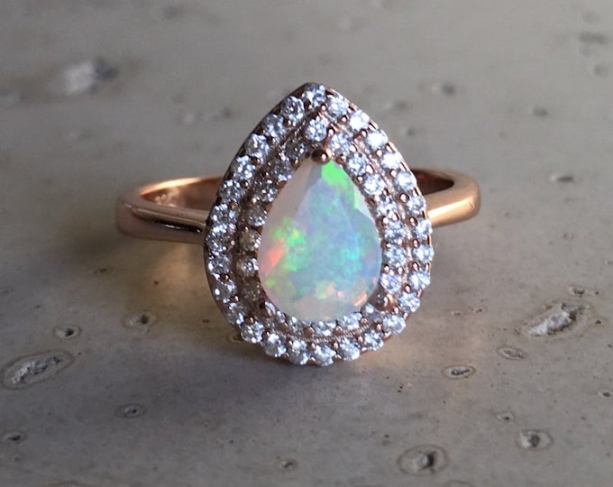 0.50ct Teardrop Opal Halo Engagement Ring- Genuine Fire Opal Pear Solitaire Ring- Natural Welo Opal Promise Ring - October Birthstone Ring