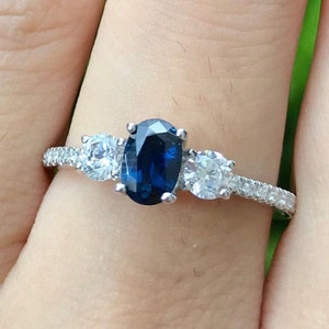 Oval Natural Blue Sapphire Anniversary Ring- Dark Blue Sapphire Promise Prong Ring-Genuine Sapphire Engagement Ring-Three Stone Silver Ring