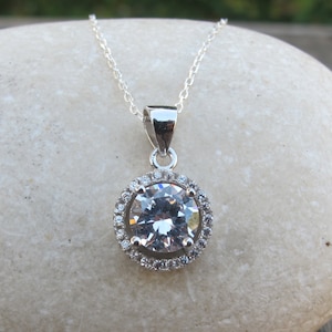 Round Cubic Zirconia Halo Bridal Necklace- Circle Alternative Diamond Silver Necklace- Clear Stone Simple Minimalist Everyday Necklace