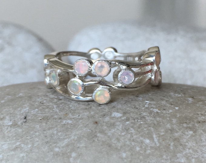 Womens Wedding Opal Band- Statement Opal Band- Bohemian Wide Band- Opal Branch Ring- October Birthstone Ring- Multistone Opal Ring