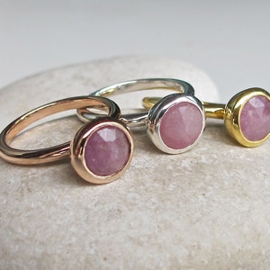 Pink Sapphire Raw Engagement Ring- Round Pink Gemstone Promise Ring for Her- Stackable Pink Simple Round Ring- Rough Stone Raw Minimal Ring