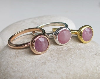 Pink Sapphire Raw Engagement Ring- Round Pink Gemstone Promise Ring for Her- Stackable Pink Simple Round Ring- Rough Stone Raw Minimal Ring