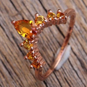 Citrine Curve Wedding Sterling Silver Band- Dark Deep Vivid Yellow Nesting Rose Band- Orange Chevron V Gold Half Circle November Band