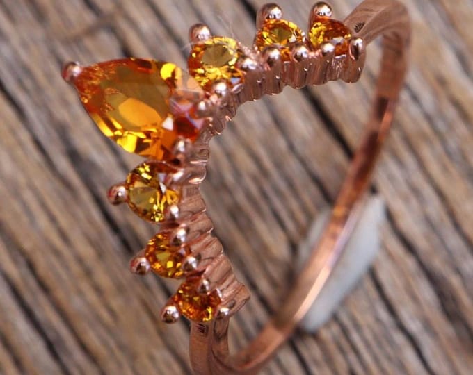 Citrine Curve Wedding Sterling Silver Band- Dark Deep Vivid Yellow Nesting Rose Band- Orange Chevron V Gold Half Circle November Band