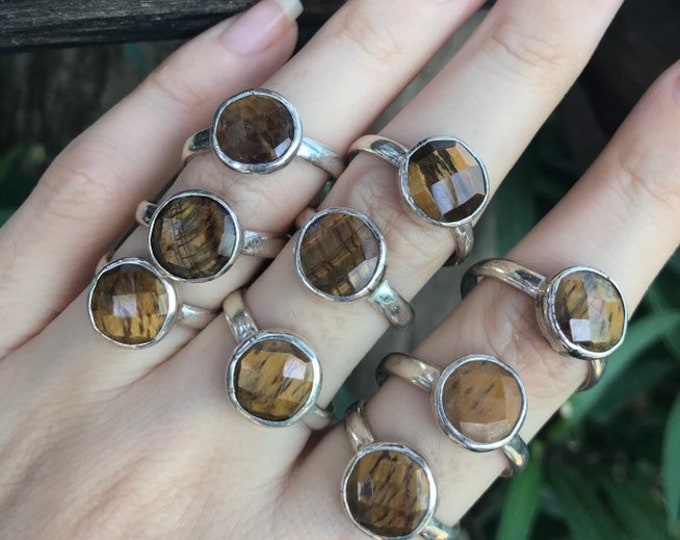 Tiger Eye Round Simple Faceted Bezel Sterling Silver Ring Boho Gypsy Brown Gemstone Minimal Ring