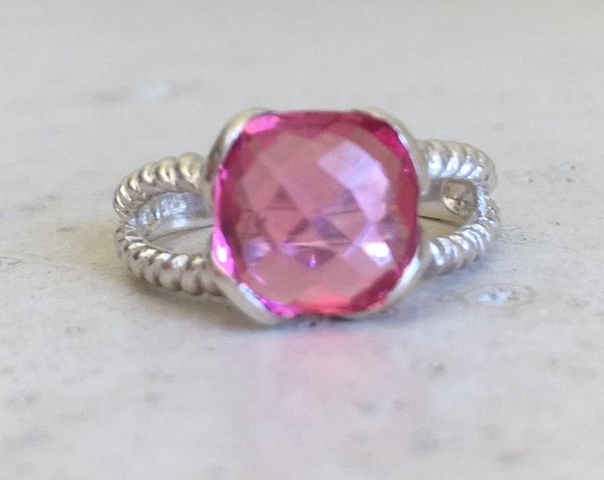 Double Band Pink Statement Ring- Pink Topaz Rope Band Ring- Solitaire Pink Quartz Ring- Pink Gemstone Sterling Silver Ring