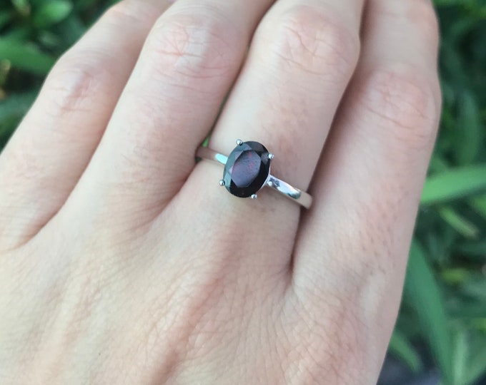 Genuine Natural Oval Garnet Sterling Silver Ring- Stackable Dark Red Garnet Prong Ring- January Birthstone Ring- Dainty Red Stone Ring