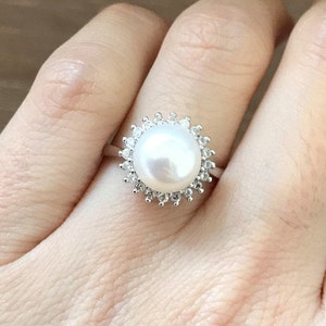 Genuine Pearl Engagement Ring- Natural Real Pearl Ring- Freshwater Pearl Adjustable Ring Round Promise Ring Halo Engagement Ring June Ring