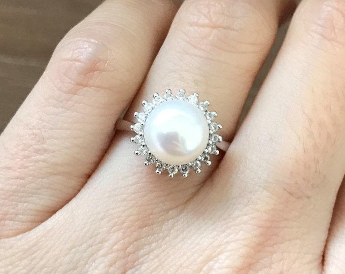 Genuine Pearl Engagement Ring- Natural Real Pearl Ring- Freshwater Pearl Adjustable Ring Round Promise Ring Halo Engagement Ring June Ring