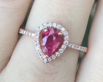 0.88ct Genuine Ruby Engagement Ring- Rose Gold Natural Ruby Ring- Pear Halo Diamond Ruby Anniversary Ring- Teardrop Ruby Solitaire Ring