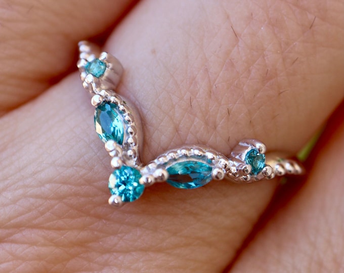 Blue Topaz Sterling Silver Deco Enhancer Guard Wedding Band