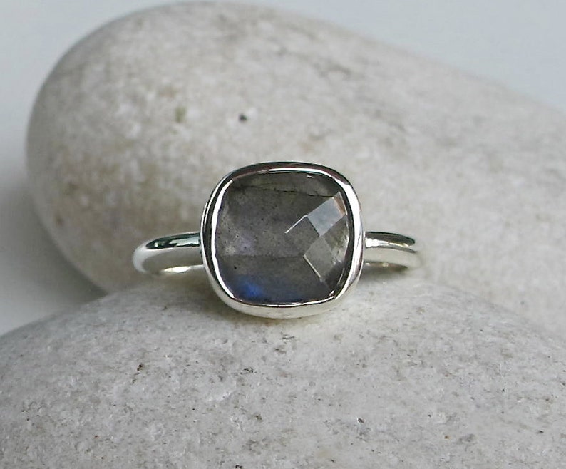 Sterling Silver Genuine Labradorite Ring Natural Iridescent Gemstone Stack Ring Faceted Bezel Ring 9mm-Square Shaped Stone Ring image 2