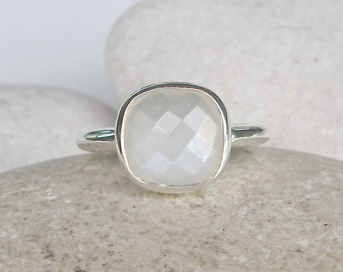 Square Genuine White Moonstone Ring- June Birthstone Ring- Iridescent Gemstone Promise Ring- Simple Engagement Ring- Faceted White Ring