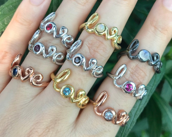 Love Birthstone Ring- Valentine’s Day Gift for Her- Jewelry Gifts for Wife- Gift for Girlfriend- Gift for BFF- Cursive Love Ring