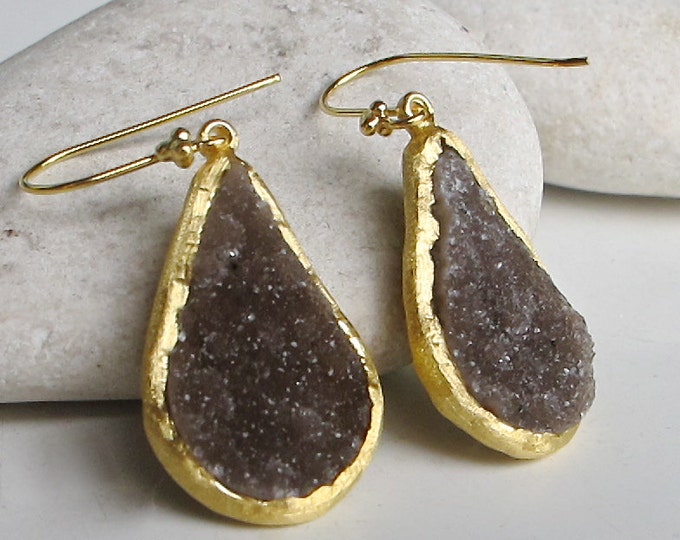 Large Brown Druzy Pear Earring- Real Druzy Statement Boho Earring- Raw Rough Stone Dangle Earring- Drop Long Teardrop Crystal Earring