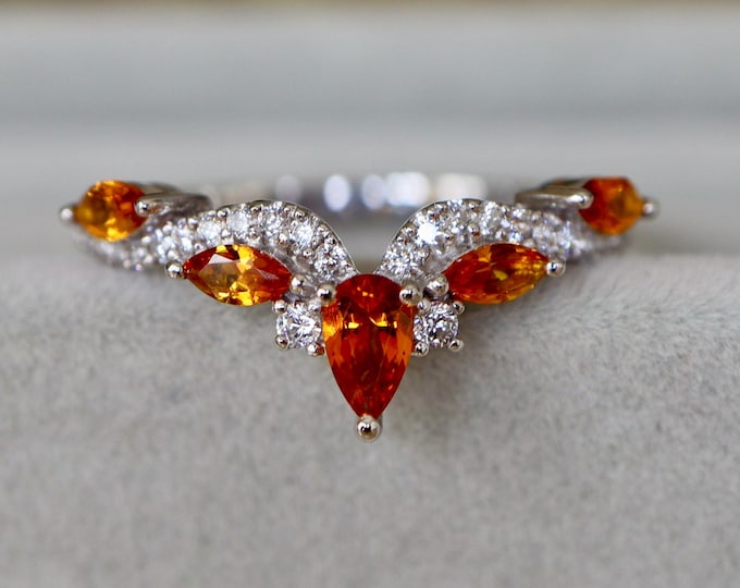 Citrine Marquise Wedding Vintage Solid 14k Gold Band- Dark Deep Yellow 18k Rose Gold Crown Band- Dark Orange Gold Tiara Deco White Gold Band