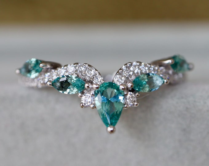 Blue Green Paraiba Tourmaline Sterling Silver Deco Wedding Band- Marquise Pear Stone Rose Gold Band-Enhancer Guard Yellow Gold Vintage Band
