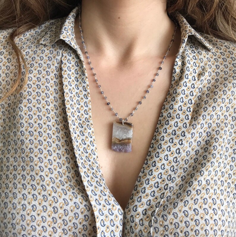 Unique Gemstone Necklace February Birthstone Boho Necklace Slice Slab Necklace Geode Rectangle Necklace Raw Amethyst Slice Necklace