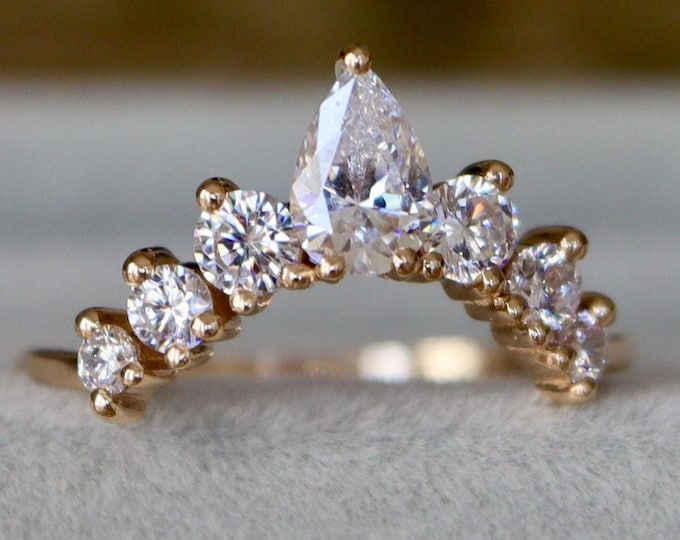 Cubic Zirconia Colorless Clear Real Solid 14k Gold Wedding Band- Alternative Diamond Rose White Gold Band- Half Circle Chevron V Band