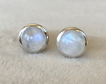 Round Cabochon Rainbow Moonstone Sterling Silver Stud Earring