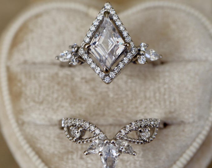 Kite Cubic Zirconia Halo Sterling Silver Bridal Ring with Matching Contour Band