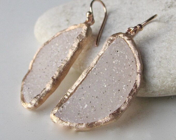 Rose Gold White Druzy Statement Dangle Earring- Unique Raw Stone Drop Celestial Earring- Rough Half Moon Earring- Unique Bridal Earrings