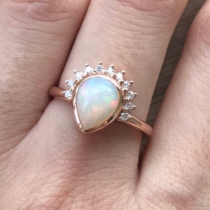 1CT Genuine Opal Pear Engagement Ring Teardrop Opal Diamond Solitaire Ring-Natural Opal 18k Gold Ring Rose Gold Promise Ring October Ring image 2