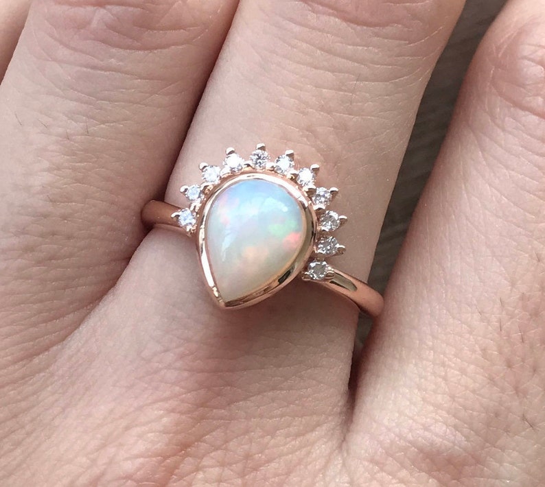 1CT Genuine Opal Pear Engagement Ring Teardrop Opal Diamond Solitaire Ring-Natural Opal 18k Gold Ring Rose Gold Promise Ring October Ring image 2