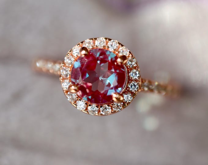 Round Halo Color Change Purple Blue Alexandrite Dainty Solitaire Sterling Silver Ring