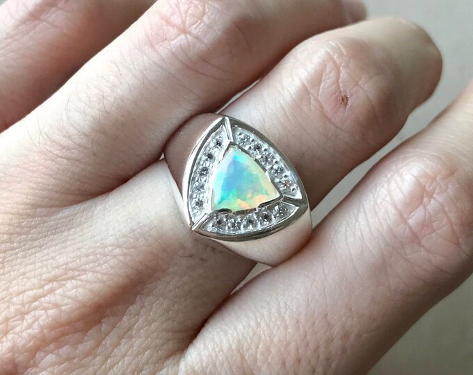 Trillion Opal Engagement Ring- Genuine Natural Triangle Opal Silver Ring- Halo Rainbow Fiery Opal Ring- October Statement Ring