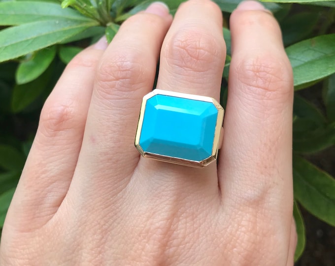 Emerald Turquoise 14k Gold Ring- Blue Turquoise Rectangular Statement Ring- Genuine Large Turquoise Solitaire Ring- December Birthstone Ring