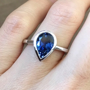 Pear Sapphire Engagement Ring- Simple Blue Sapphire Promise Ring for Her- Dark Blue Gemstone Anniversary Ring- September Birthstone Ring