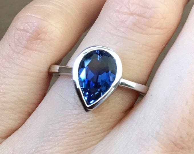 Pear Sapphire Engagement Ring- Simple Blue Sapphire Promise Ring for Her- Dark Blue Gemstone Anniversary Ring- September Birthstone Ring