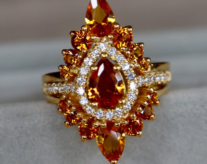 Teardrop Orange Citrine Halo Bridal 3 Ring Set in Solid 14k 18k Rose Yellow or White Gold Ring