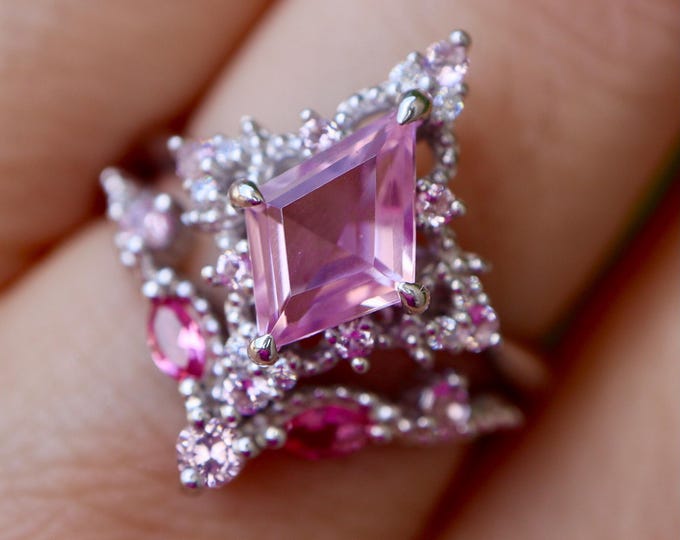 Kite Pink Morganite Halo Lace Engagement Sterling Silver Vintage 2 Rings- Marquise Pink Wedding Rose Gold Deco Prong Milgrain Rings