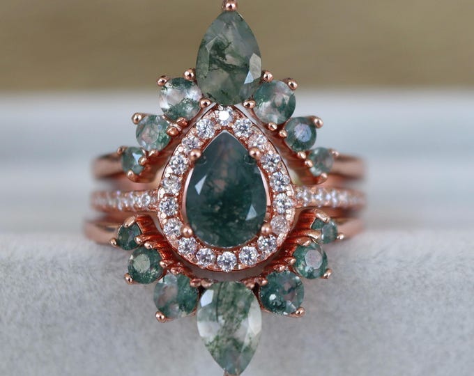 Teardrop Moss Agate Halo 3 Ring- Pear Natural Moss Agate Engagement Solid 14k 18k Gold Ring-All Genuine Green Promise Ring 2 Moss Agate Band