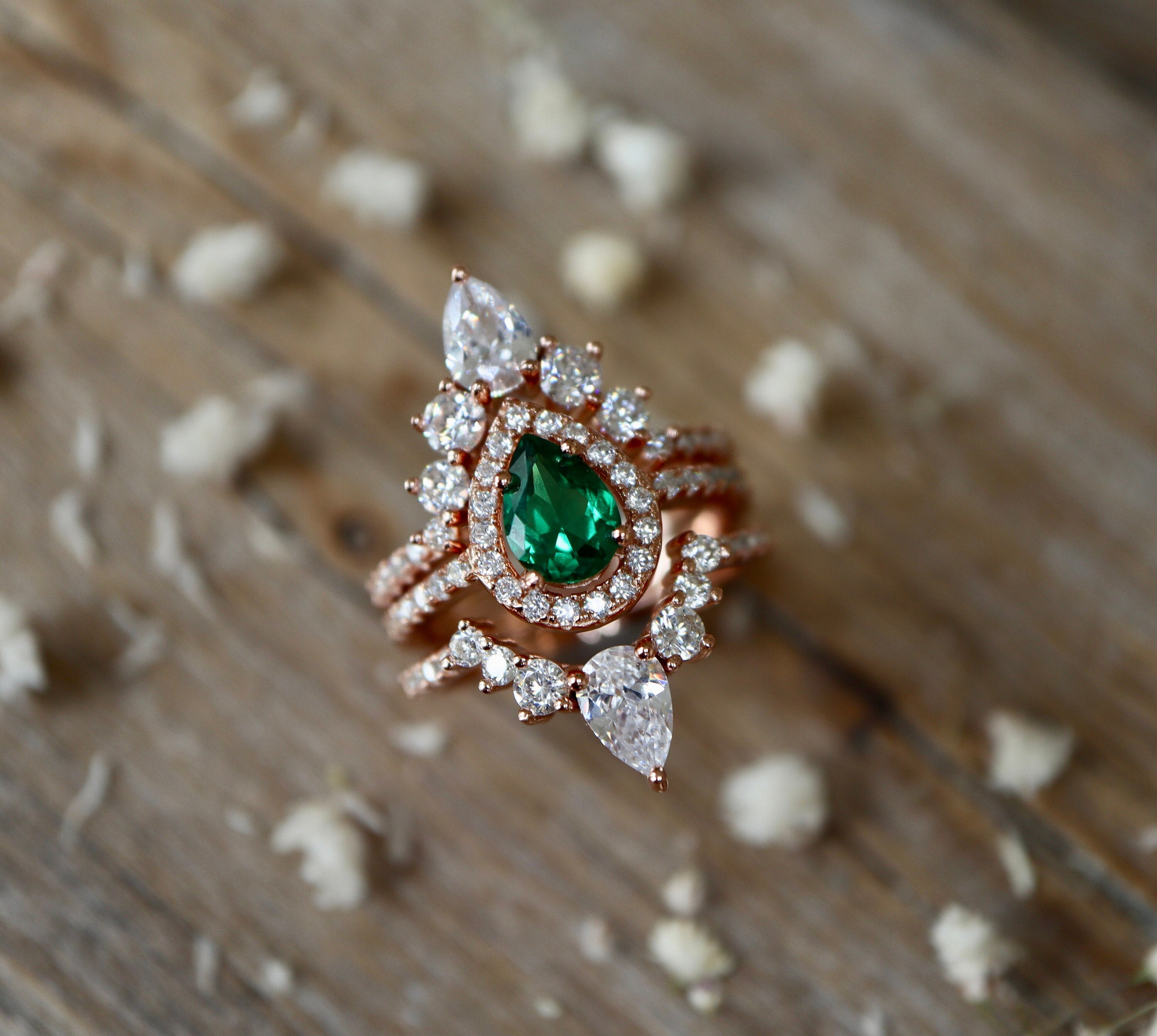 Unique 6x8mm Oval Emerald Ring Set Solid 14K Rose Gold Emerald Engagement  Ring Set