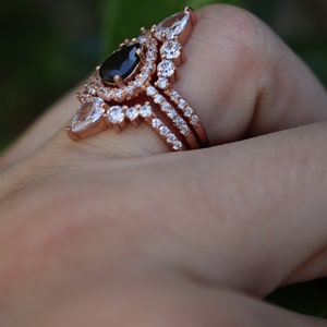 Teardrop Black Onyx Halo Bridal 3 Ring Set Pear Black Engagement Ring Set Black Spinel Ring w/2 Wedding Band image 9